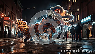 Lively chinese new year procession with mythological character float, enhancing festive ambiance. Stock Photo