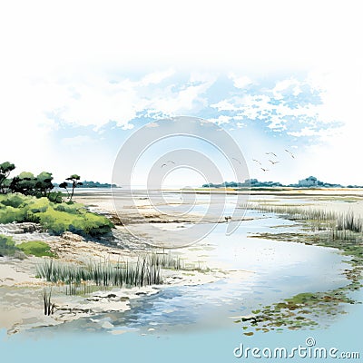 Lively Coastal Landscape: Digital Illustration Of A River Cartoon Illustration