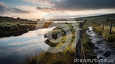 Lively Coastal Landscape: Stream On The Moor At Sunset Stock Photo