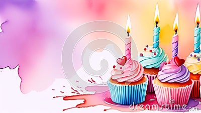 lively and colorful scene featuring four cupcakes adorned with lit candles. Watercolor illustration. banner with copy Cartoon Illustration