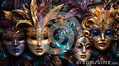 A lively composition featuring a dazzling array of ornate masks in vibrant purples, golds, and greens, capturing the spirit of Mar Stock Photo