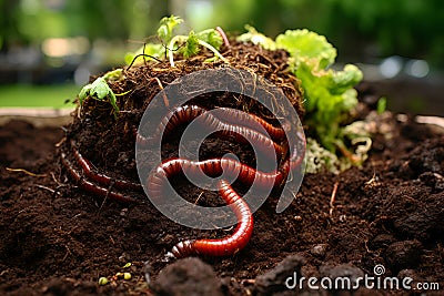 Lively earthworms work in fertile soil, integral for composting and natural soil health, amidst vibrant greenery Stock Photo