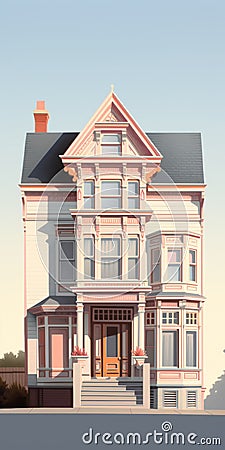 Lively Illustrated Pink Victorian House In Minimalist Style Stock Photo