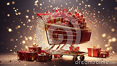 A huge cart filled with red gift boxes and gold ribbons: preparing for the new year. Stock Photo