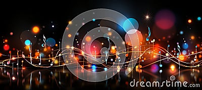 Lively multicolored musical abstract background with flying notes and neural network concept Stock Photo