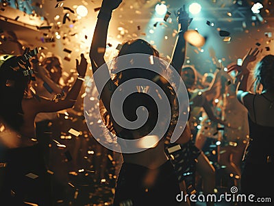 A lively nightclub scene of friends raise hands, celebrate, revel in fun, confetti fills the air Stock Photo