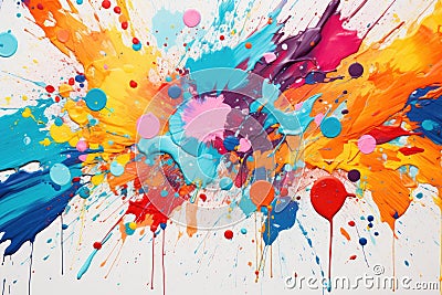 A lively painting showcasing an explosion of colorful paint splatters against a clean white background, Splatters of vibrant Stock Photo