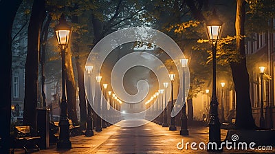 Lively street with illuminated buildings on either side, and park benches, AI generated Stock Photo