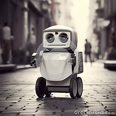 Lively Street Scene: Robot Walking With Blank Sign Stock Photo