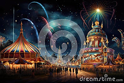 A lively and vivid painting captures the essence of a carnival at night, filled with dazzling fireworks, A mesmerizing carnival Stock Photo