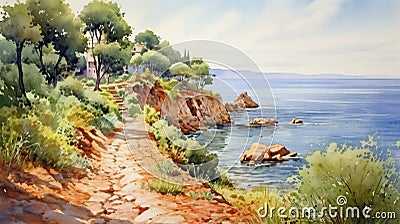 Lively Watercolor Path To The Sea: Traditional Oil Painting Style Cartoon Illustration