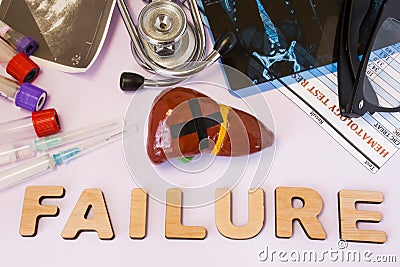 Liver failure concept photo. Liver figure with glued black cross is near word liver failure and set of medical tests MRI, ultraso Stock Photo