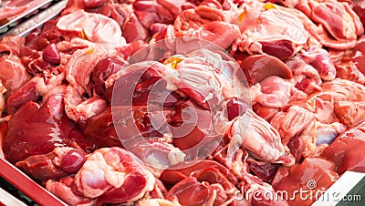 Liver, heart and gizzard chicken in the market Stock Photo