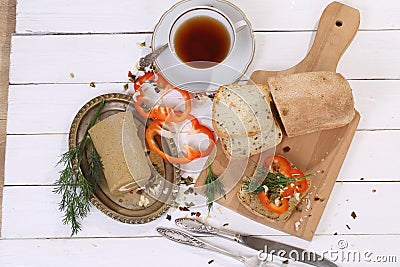 Liver pate with butter and tea Stock Photo