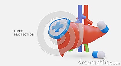 Liver protection. 3D liver with veins, medical shield with blue cross, capsules Vector Illustration