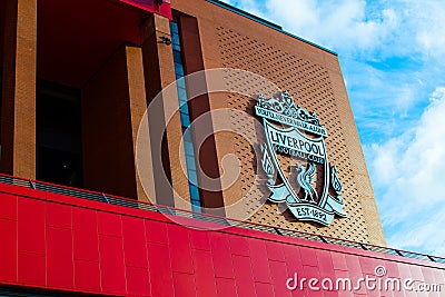 Liverpool, England, United Kingdom; 10/15/2018: Badge or emblem of Liverpool FC in the facade of the building of Anfield Stadium Editorial Stock Photo