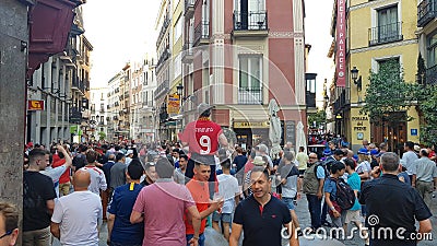 Liverpool fans in the Plaza Mayor Editorial Stock Photo