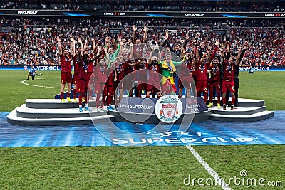 Liverpool FC celebrating in the UEFA Super Cup Editorial Stock Photo