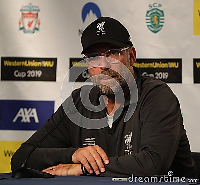 Liverpool FC manager Jurgen Klopp during press conference after 2019 Western Union Cup game against Sporting CP at Yankees stadium Editorial Stock Photo