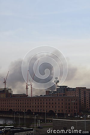 Smoke plumes above Liverpool city centre from huge fire Editorial Stock Photo