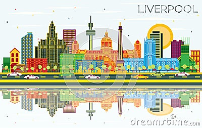 Liverpool UK City Skyline with Color Buildings, Blue Sky and Reflections Stock Photo