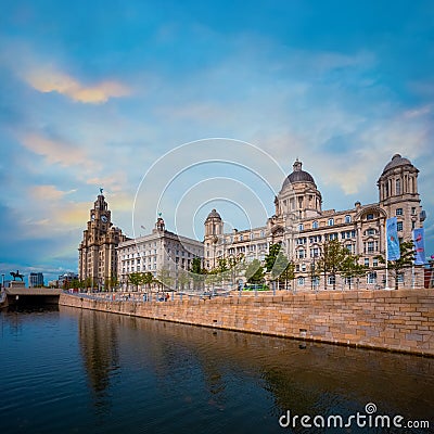 Liverpool Pier Head with the Royal Liver Building, Cunard Building Editorial Stock Photo