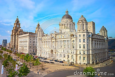 Liverpool Pier Head with the Royal Liver Building, Cunard Building Editorial Stock Photo