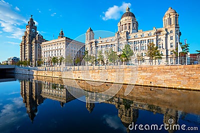Liverpool Pier Head with the Royal Liver Building, Cunard Building Editorial Stock Photo