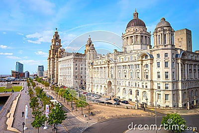 Liverpool Pier Head with the Royal Liver Building, Cunard Building Stock Photo