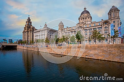 Liverpool Pier Head with the Royal Liver Building, Cunard Building Stock Photo