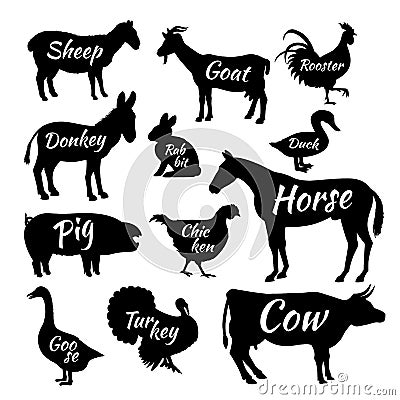 Livestock cattle barnyard fowl black silhouettes set with lettering isolated on white. Farm animals Stock Photo