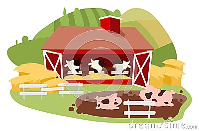 Livestock and cattle farming flat vector illustration. Dairy farm isolated cartoon concept. Cows barn and pig fence with hay bales Vector Illustration