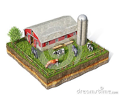 Livestock concept, enclosure with cows, barn and elevator on a piece of ground, isolated on white background, Cartoon Illustration