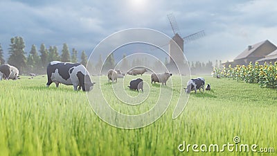 Livestock farm. Cows and sheep graze in a green meadow. Rustic farm with Pets. Animal husbandry and nature. 3D Rendering Stock Photo