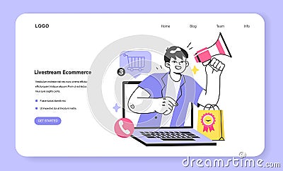 Livestream e-commerce web banner or landing page. Blogger live selling Vector Illustration