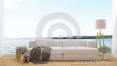 Living area in cafe or lounge and lake view - 3d rendering Stock Photo