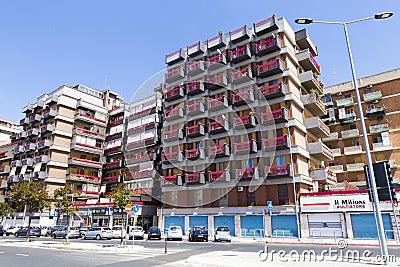 Living block with closed shops at the main level Editorial Stock Photo