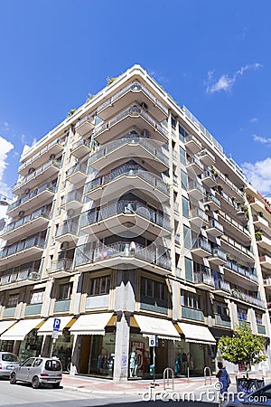 Living block with closed shops at the main level Stock Photo