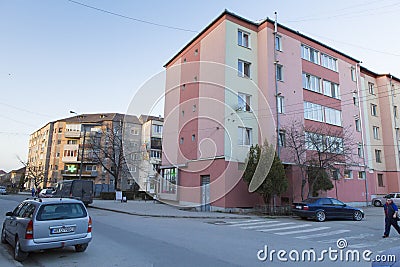 Living block and street with parked cars Stock Photo