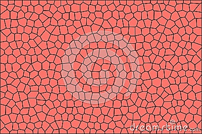 Living Coral color of the Year 2019. Abstract mosaic tile texture. Black cells on coral background. Geometric polygon shapes grid Stock Photo