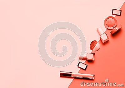 Living coral color of the year 2019 collage design: fashion beauty cosmetics set Stock Photo