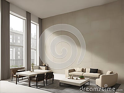 Living and dining room with two bigs windows throw which the sun light passes Stock Photo
