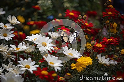 Living garden: colorful flowers, dancing butterflies., generative IA Stock Photo