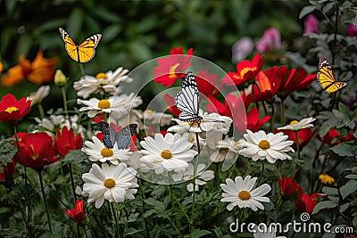 Living garden: colorful flowers, dancing butterflies., generative IA Stock Photo