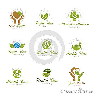 Living in harmony with nature metaphor, set of green health idea Vector Illustration