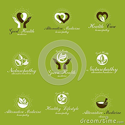 Living in harmony with nature metaphor, set of green health idea logos. Vector Illustration