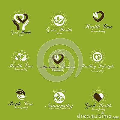 Living in harmony with nature metaphor, set of green health idea logos. Vector Illustration