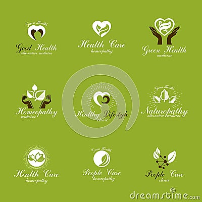 Living in harmony with nature metaphor, set of green health idea logos. Vector Illustration