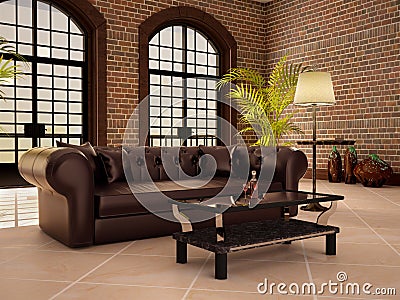 Living in a loft style with large arched windows. Cartoon Illustration