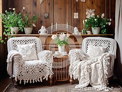 living room armchairs upholstered with handmade crochet white lace fabric Stock Photo
